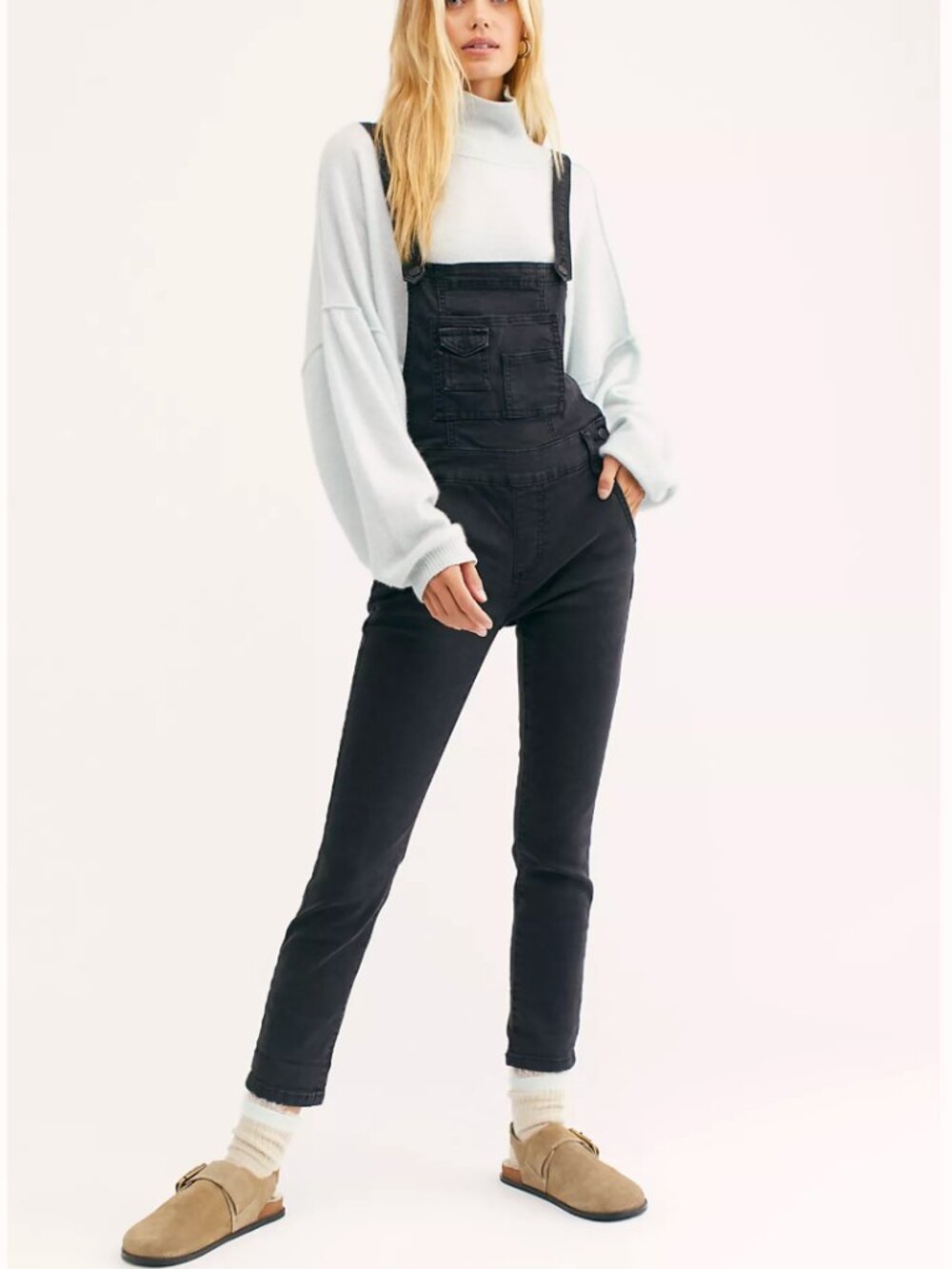 Free People Washed Black Denim Overalls Skinny Bib Y2K Era Size 30